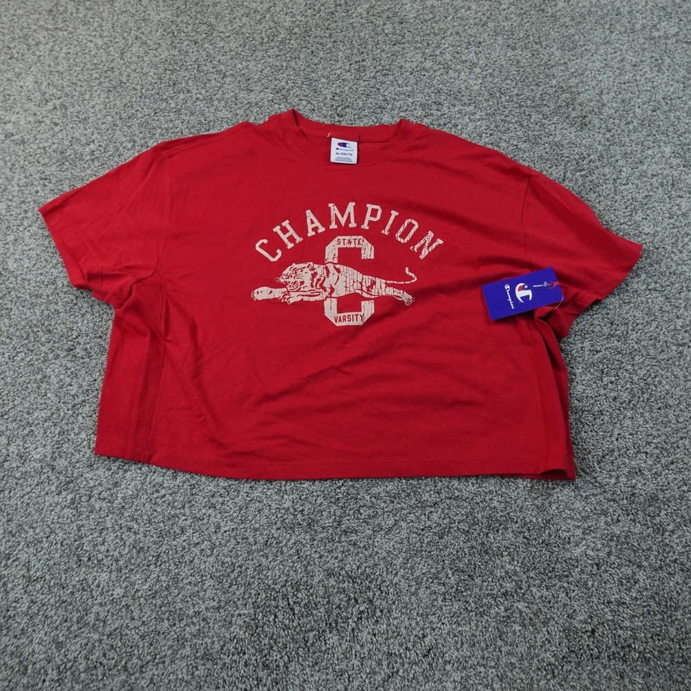 NEW Champion Shirt Womens XL Red Graphic Logo Cropped Short Tee T-shirt Top